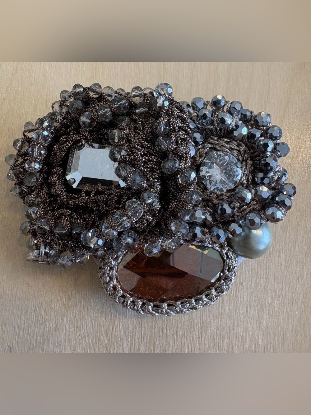 Signed OTTAVIANI BIJOUX Brooch Pin Crocheted Crystal Metallic